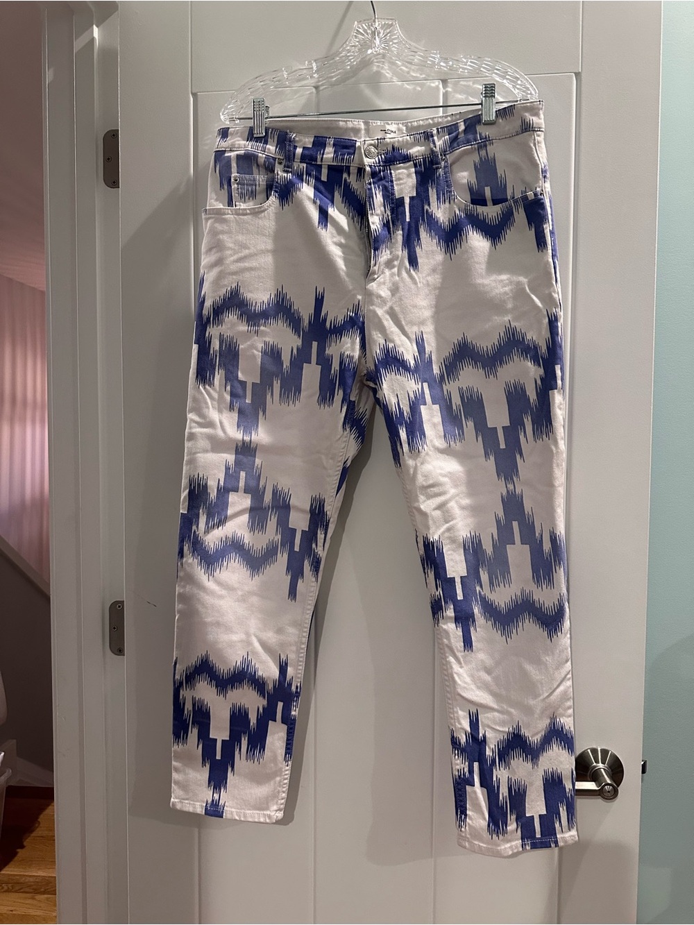 Isabel Marant Étoile White Jeans with Bold Blue Ikat Print